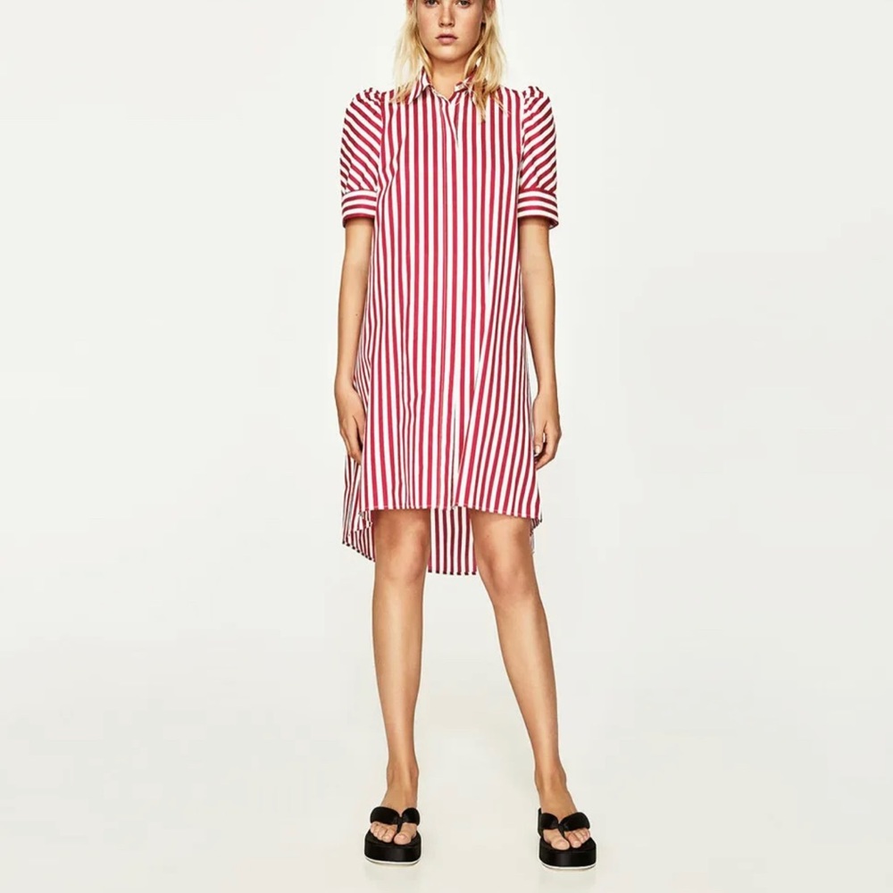 Zara Red White Striped Puff Sleeve Button Down Dress (size: XL)